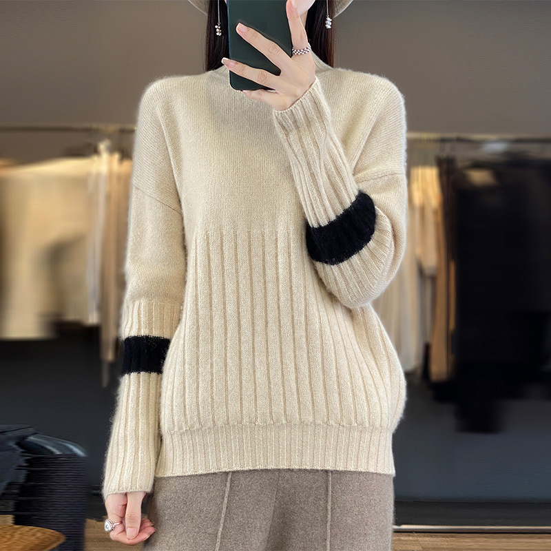 2025 New Autumn and Winter Pure Wool Half Turtleneck Knitwear Long-Sleeved Women's Color-Blocked Pullover Bottoming Shirt Top