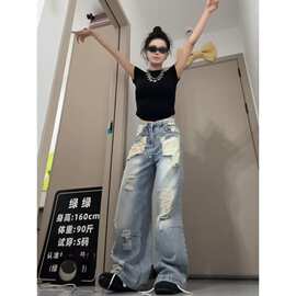夏季美式直筒辣妹复古破洞牛仔裤女宽松设计阔腿裤低腰显瘦感高街