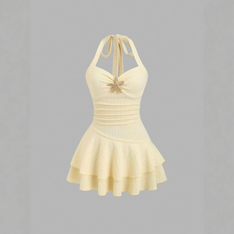 2026 Cross-Border Hot-Selling Beach Vacation Halter Neck Dress with Starfish Decoration, Ruched Waist, Short Dress Amazon