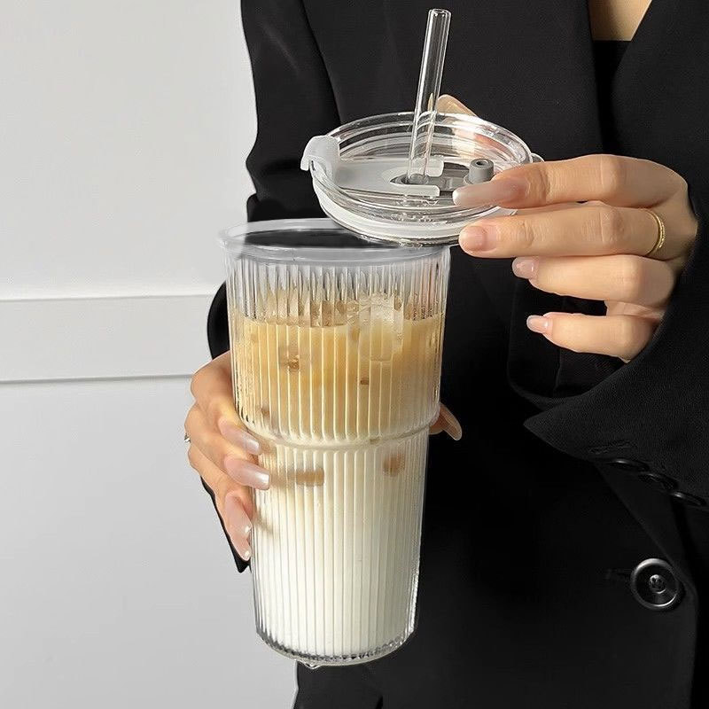 卸売りディザトーン縦紋グラスストロー付き高颜値insカップ女性家庭用冷たいコーヒーカップ|undefined