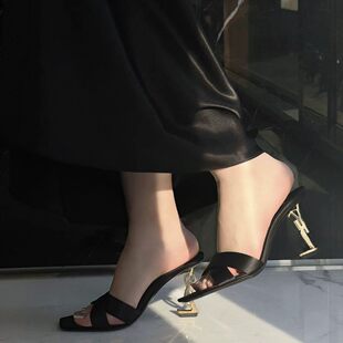 2026 spring new style cross strap metal letter heel open toe sandals sexy stiletto heel French high heels for women