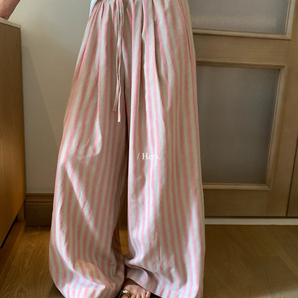 Quần culottes nữ ống rộng cạp cao sọc kẻ dáng dài suông rộng phong cách thư giãn — màu hồng