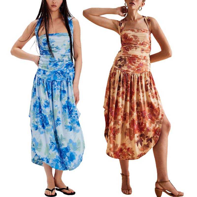 460 Amazon Foreign Trade European and American Resort Style Cross Shoulder Strap Printed High and Low Skirt Waist Slimming Look Dress