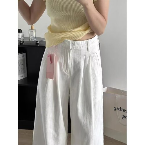 Women's Spring and Summer White High-Waisted Wide-Leg Denim Pants with Pleated Texture Design, Versatile Straight Leg Pants that Make You Look Taller and Floor-Length