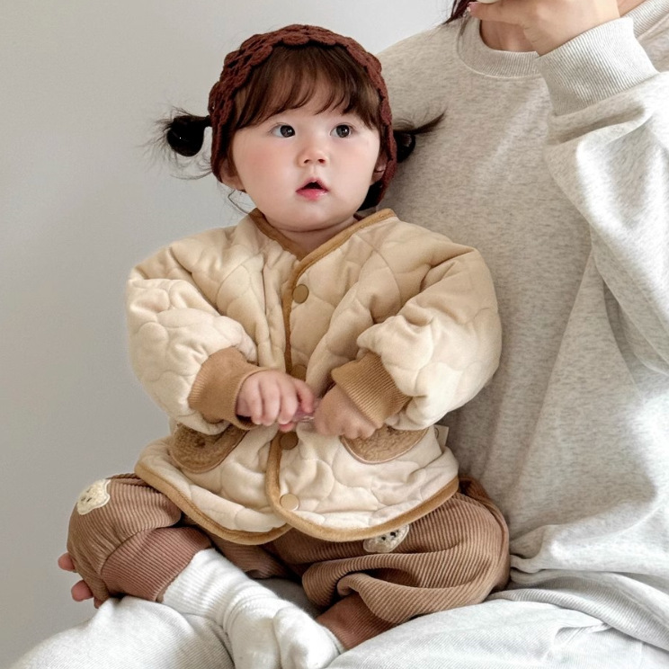 Korean Style Infant Girls Reversible Cotton Jacket Winter Bear Quilted Thickeneded Jacket Fleece-Lined Pants Suit Winter Clothing