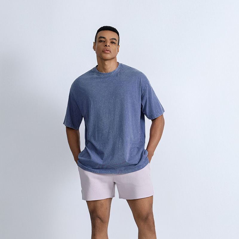Cross-border American-style washed and distressed pure cotton T-shirt for men, loose fit, drop shoulder, short sleeve, casual sports pullover, vintage Cross-border American-style washed and distressed pure cotton T-shirt for men, loose fit, drop shoulder, short sleeve, casual sports pullover, vintage