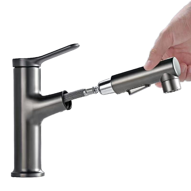 All-Copper Basin Pull-Out Hot and Cold Faucet Bathroom Household Gun Gray Multi-Functional Telescopic Wash Basin Faucet