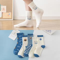 White Socks for Girls Autumn/Winter New Knee-High Cotton Socks, Instagram Trendy Cute Bear Japanese Style Sports Blue Cartoon Socks