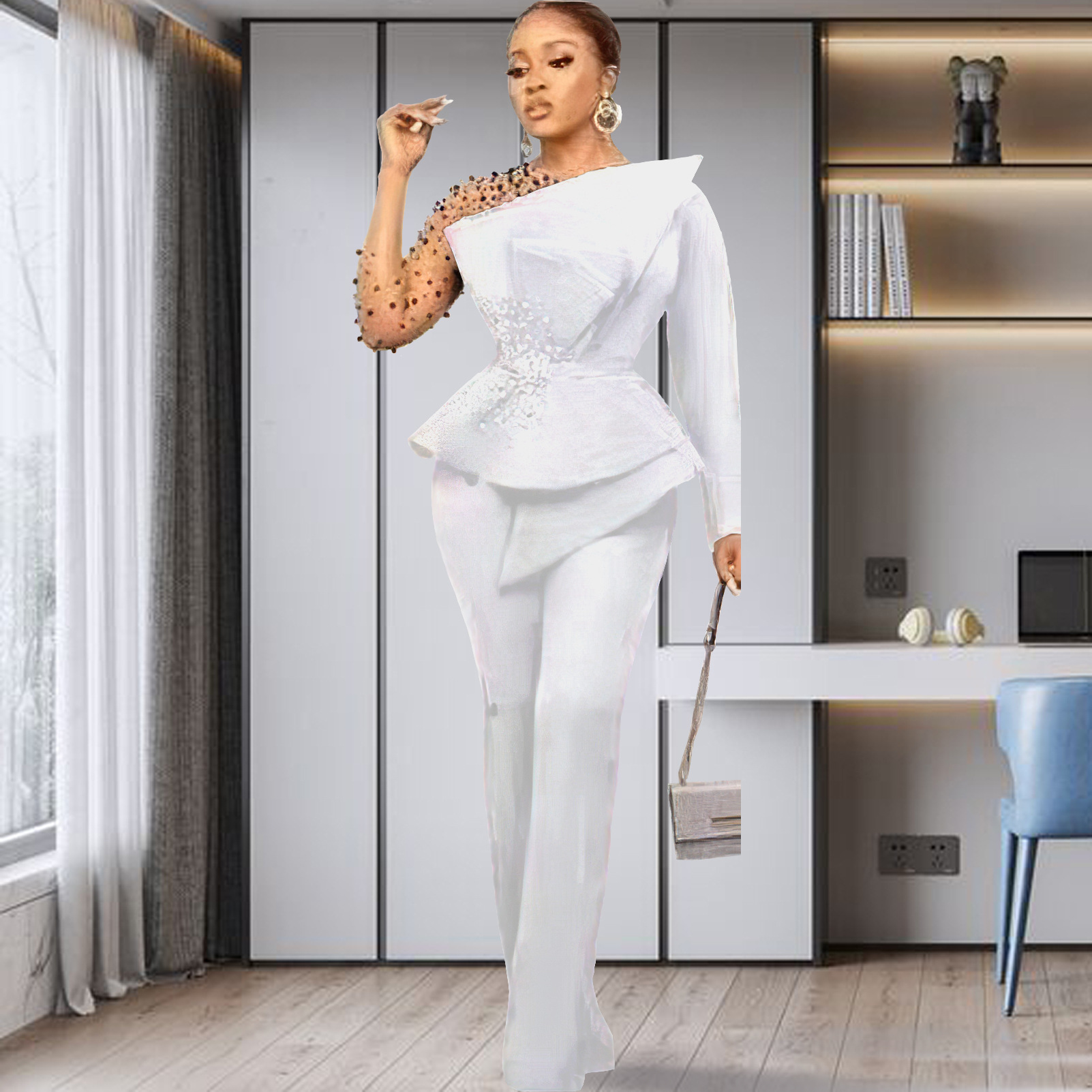 Completo pantalone donna taglie forti con dettagli in mesh e perle_voghion.com