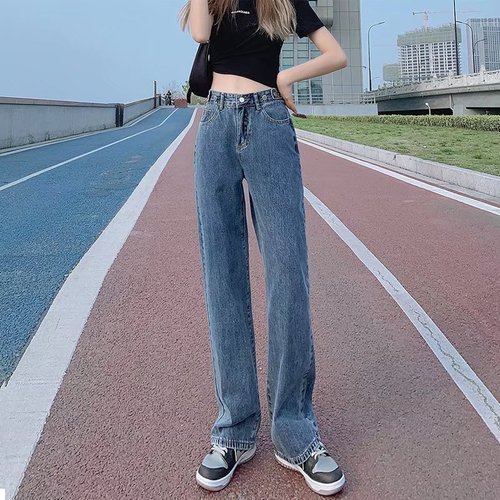 Retro Blue Straight Jeans Women's Summer Thin Section 2022 New Loose High Waisted Wide Leg Draped Floor-Mopping Pants