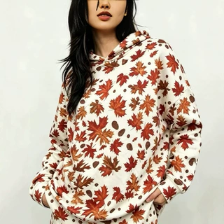 女士秋冬季欧美跨境枫叶印花复古宽松慵懒落肩款连帽卫衣源头工厂