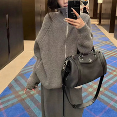YOLO SHOP 灰色简约高领毛衣女秋季宽松百搭针织开衫外套上衣