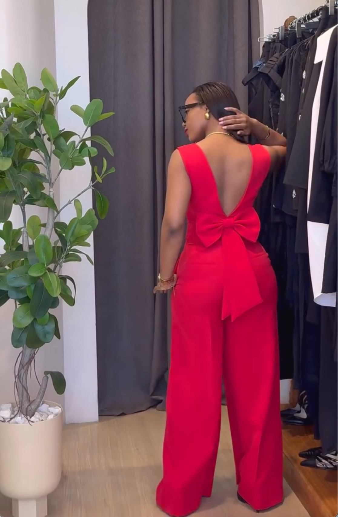 Women Clothing Spring Solid Color Backless Bow Top Wide Leg Trousers Casual Suit