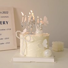网红唯美女神生日蛋糕装饰复古烛台蜡烛摆件珍珠蝴蝶结小皇冠插件