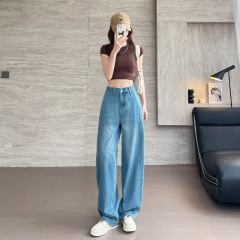 蓝色阔腿牛仔裤女2025新款高腰设计感口袋弯刀裤宽松直筒牛仔长裤