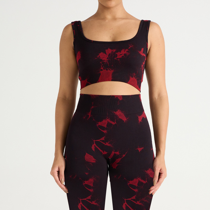 Nuevo traje de yoga de secado rápido de cadera deportivo de cintura alta sin costuras europeo y americano de tres piezas pantalones de yoga de teñido ajustado para mujer