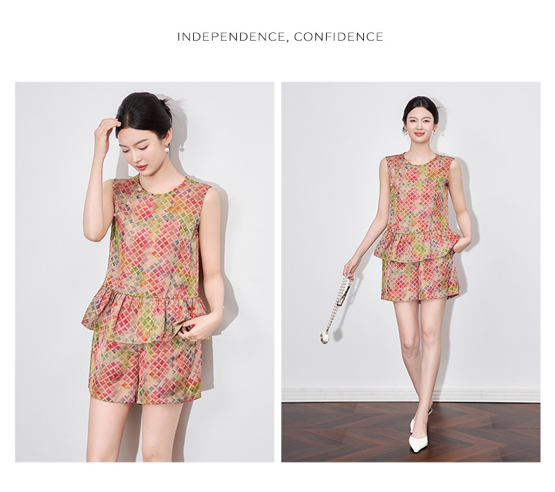 Bộ áo vest jacquard họa tiết cỏ bốn lá kết hợp quần short cạp thun nữ mùa hè — Cỏ bốn lá chi tiết 8
