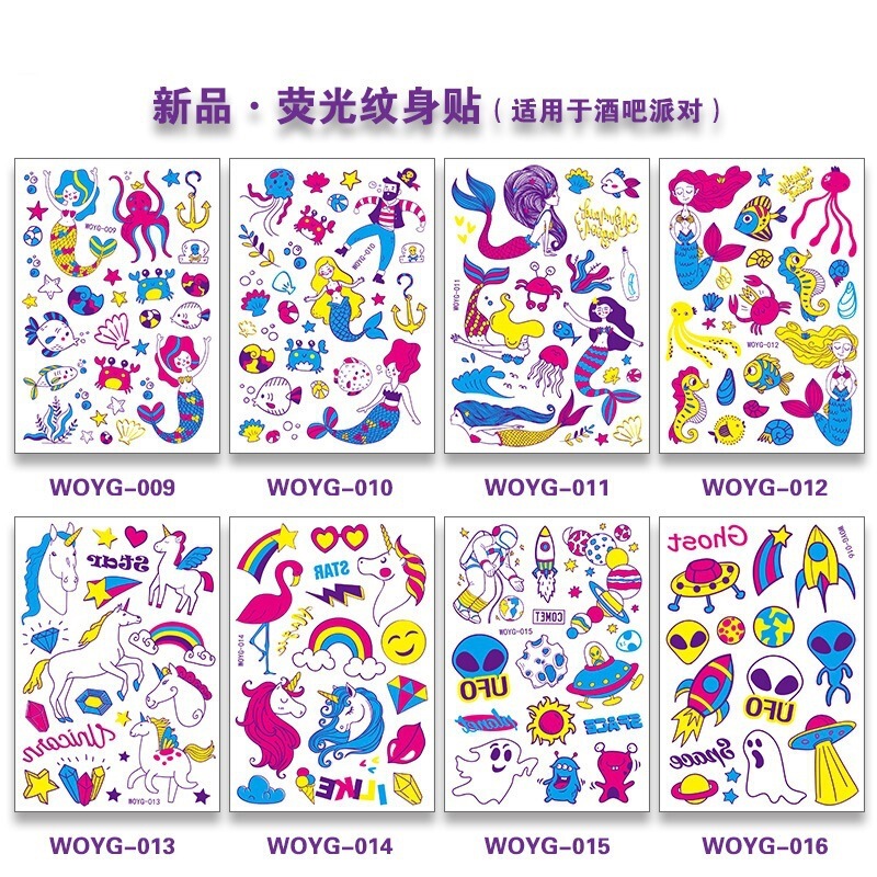 Hot-Selling Cartoon Unicorn Mermaid Fluorescent Tattoo Stickers Ocean Animal Glowing Arm Tattoo Stickers
