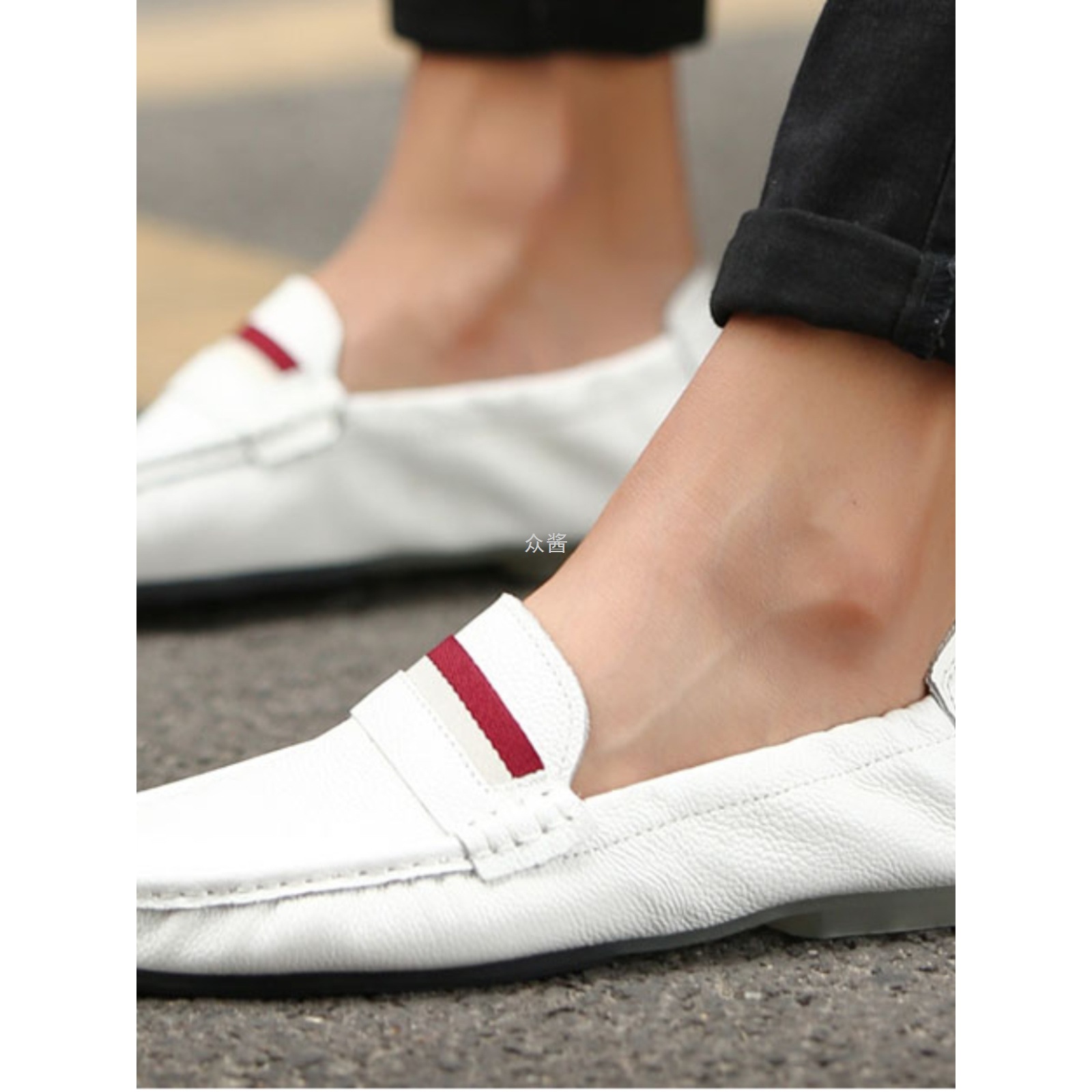 男士折叠豆豆鞋男黄色真皮无带休闲皮鞋蛋卷鞋白色懒汉收缩豆豆鞋