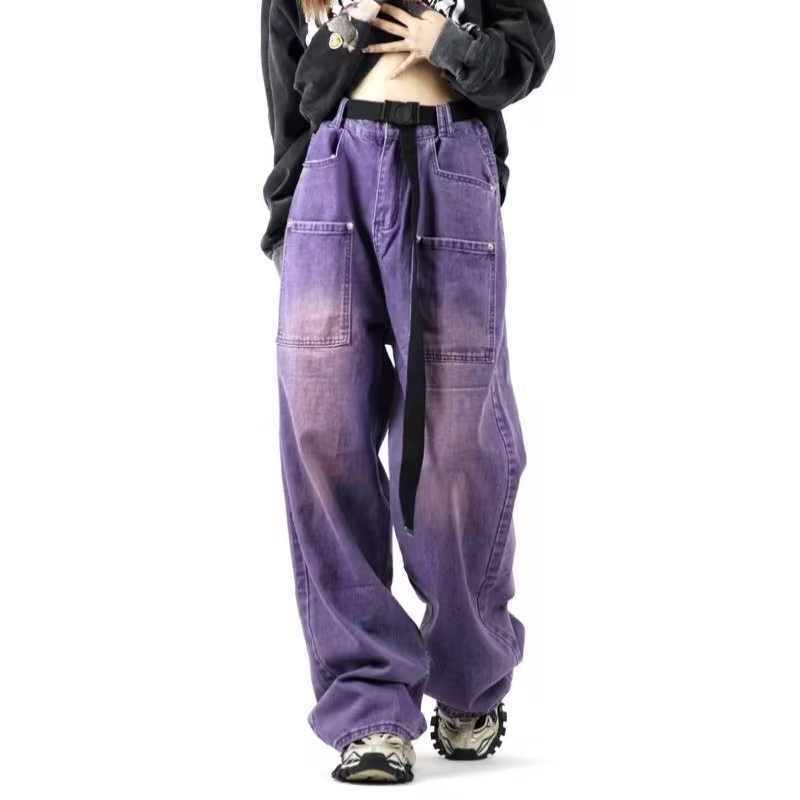 2023 American Retro Purple Men's Jeans Washed Old Loose Straight Wide Leg Piled plus size Trousers
