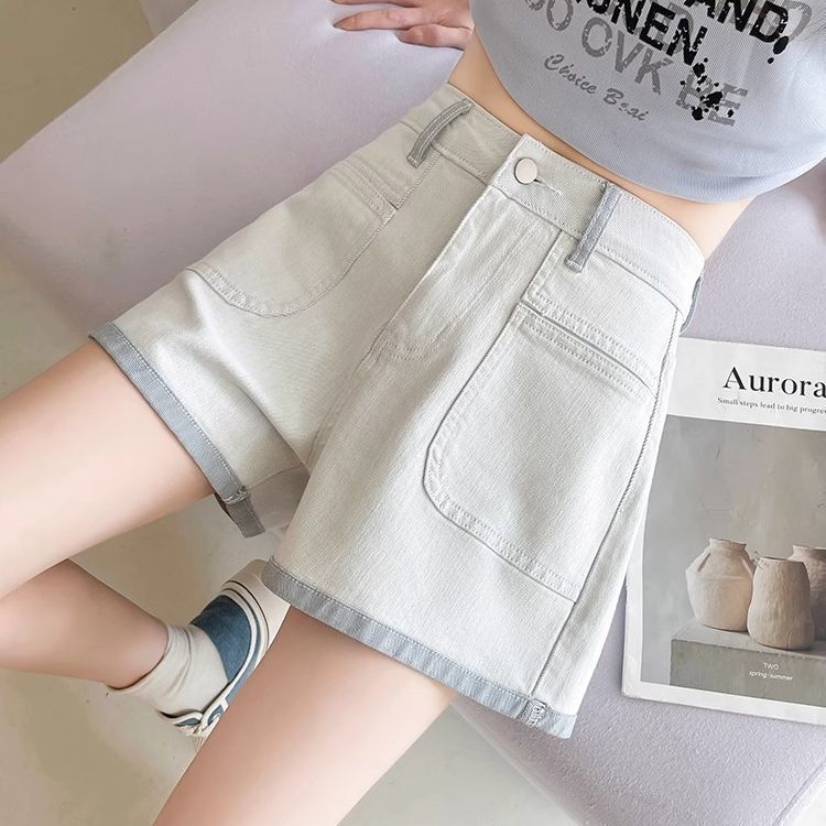 Gray and White Color-Blocking Denim Shorts for Women, 2025 Summer Thin Style, Hip-Covering, Slimming, Petite Hot Girl Hot Pants