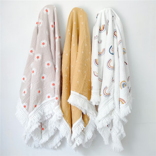 European and American New Children's Cotton Printed Tassel Blanket Baby Gauze Wrapping Towel Baby Stroller Cover Blanket Summer Cool Quilt