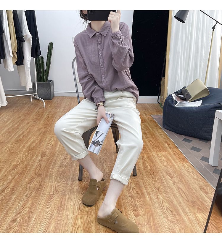 Camisa retro de algodón y cáñamo de color liso para mujer, primavera/verano 2024, nueva camisa holgada de manga larga con encaje y panel de encaje._voghion.com