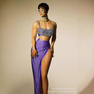 in stock Performance Clothing Foreign Trade New Silver Diamond Fairy High Split Sleeveless Fashion Elegant Long Dress