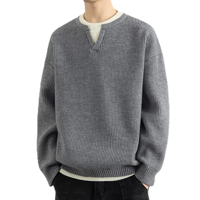 Explosiones transfronterizas de tamaño grande europeo falso dos piezas de costura camiseta de punto suéter hombre cuello V viejo viento otoño invierno fábrica al por mayor