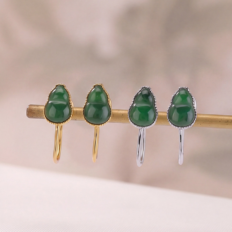 Bông tai bạc S925 mạ vàng đính đá hồ lô phong cách cổ điển, kẹp không xỏ lỗ — Loại bạc