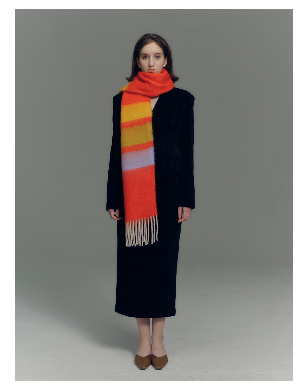 Designer-Schal mit Fransen aus Kaschmirimitat in Regenbogenfarben mit passenden Streifen für Damen im Herbst-/Winter-Stil mit weichem, verlängertem Halsausschnitt_voghion.com