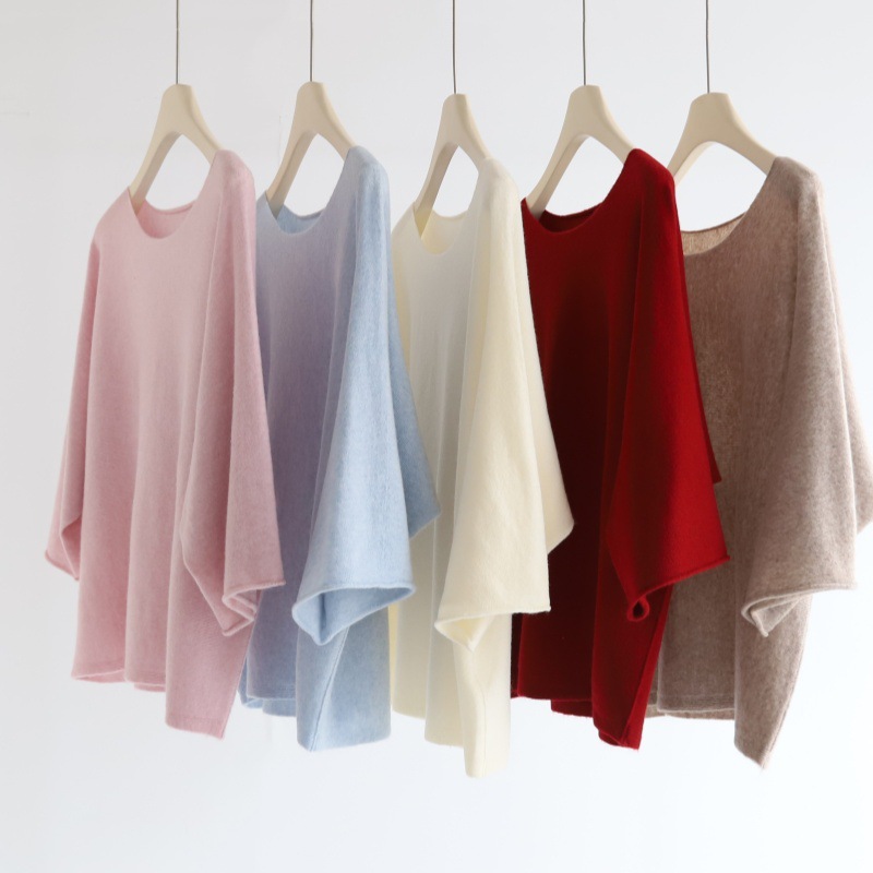 雪花绒羊毛混纺蝙蝠袖知性上衣女短袖宽松一字领针织上衣