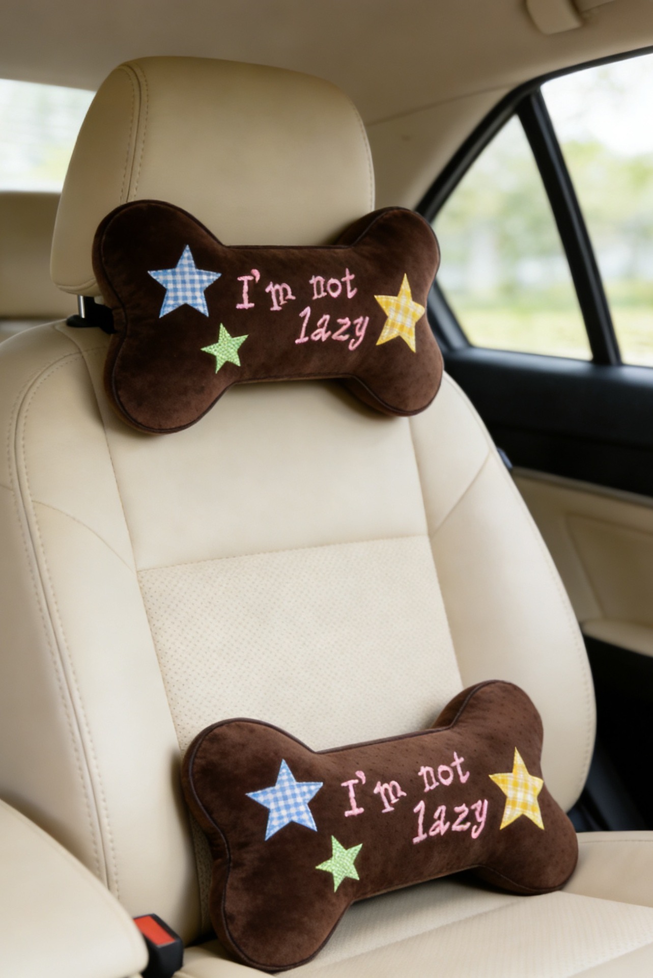 New Dog Car Headrest Bone-Shaped Plush Cartoon Cute Pillow Lumbar Support Doll Car Interior Accessories