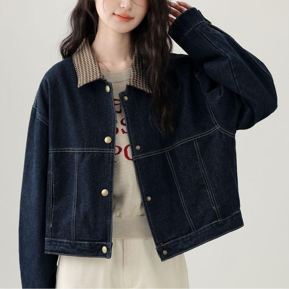 Áo khoác denim nữ ngắn phối caro cổ ve áo tay dài — màu xanh (chất lượng cao)