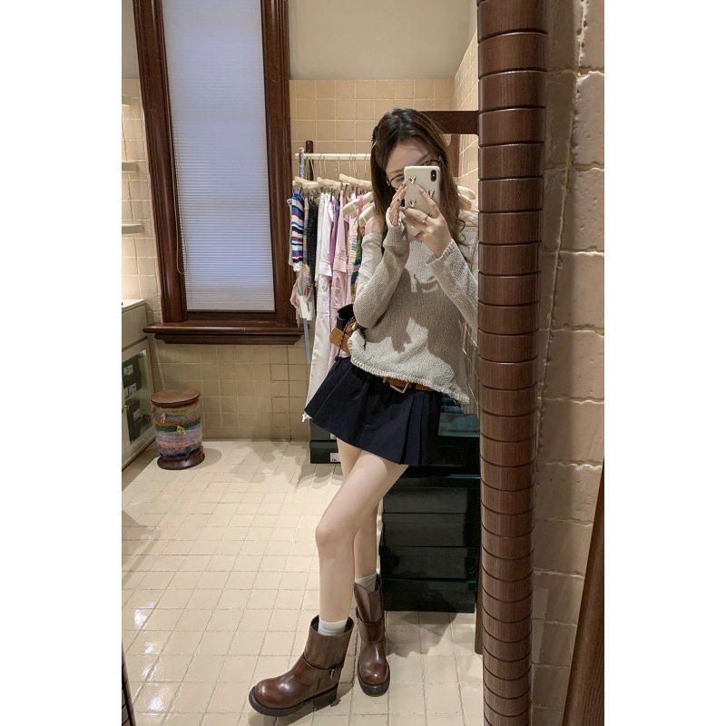 牛皮版~葡萄妈同款复古做旧粗跟直筒马丁靴女西部牛仔靴子骑士靴|undefined