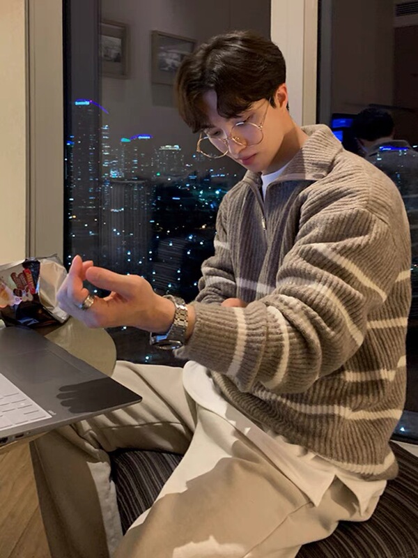 Autumn and Winter thickened zipper sweater Men's Light mature style loose plus size casual striped outer wear half turtleneck sweater