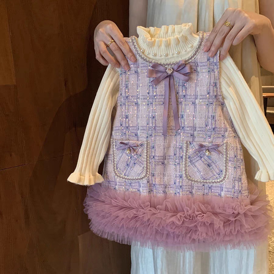 Niñas con chaleco de lana vestido de invierno 2025 nuevo vestido de aniversario de niños niñas bebé vestido de princesa de moda