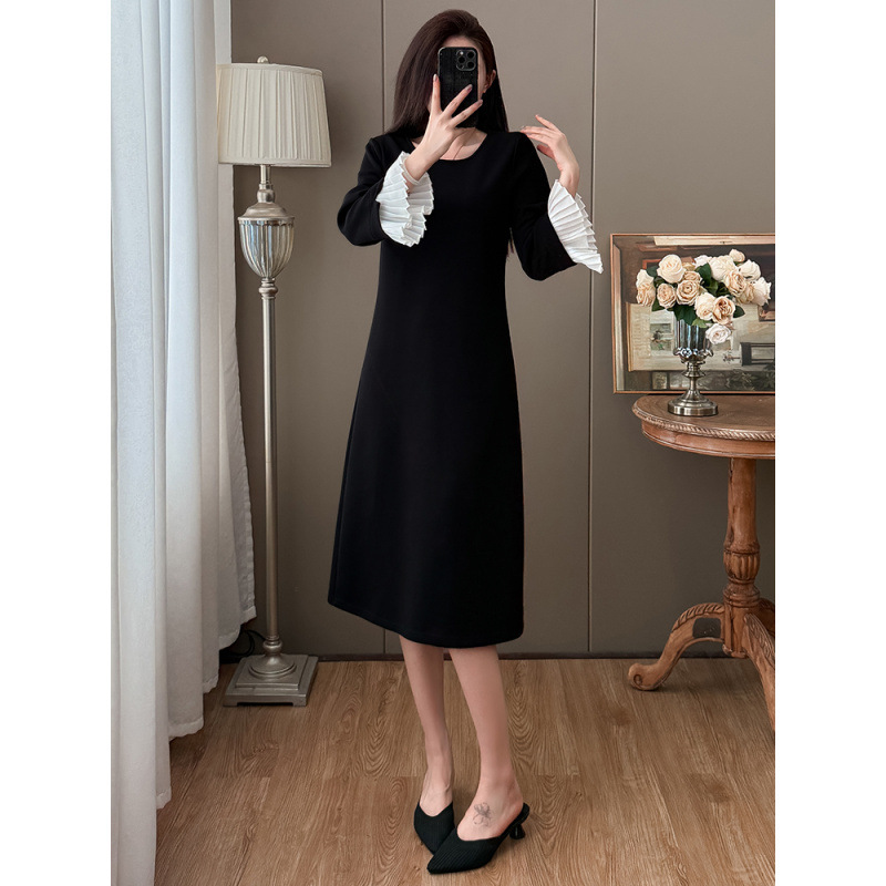 秋冬外穿打底连衣裙  拼接袖口中长款休闲大码连衣裙女|undefined