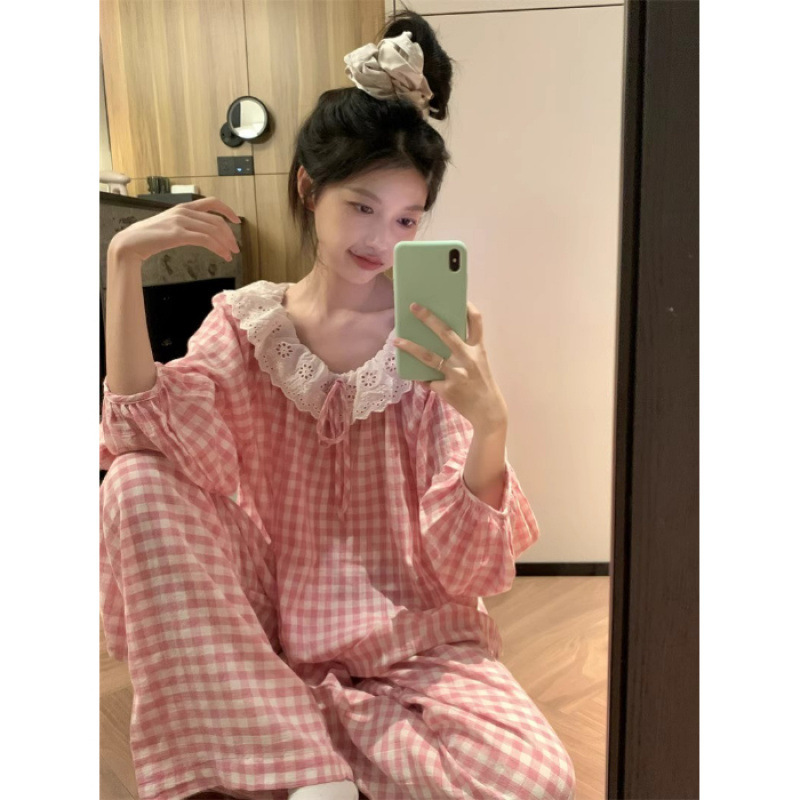 云朵棉 睡衣女春秋甜美大翻领蕾丝花边睡衣女家居服套装|undefined