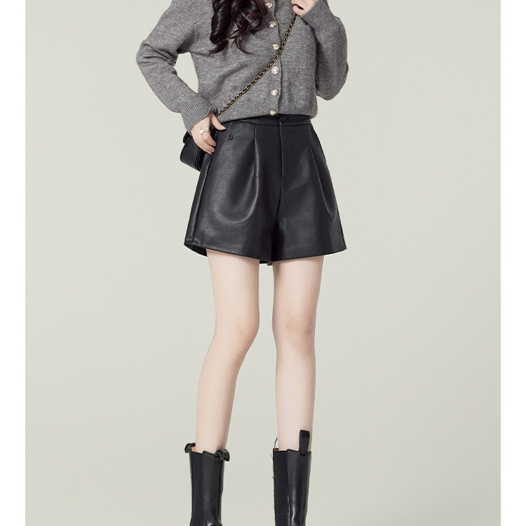 Forev21 American Style Spicy Girl Black Pu Leather Pants for Women, Autumn High-Waisted A-Line Wide-Leg Casual Shorts Forev21 American Style Spicy Girl Black Pu Leather Pants for Women, Autumn High-Waisted A-Line Wide-Leg Casual Shorts