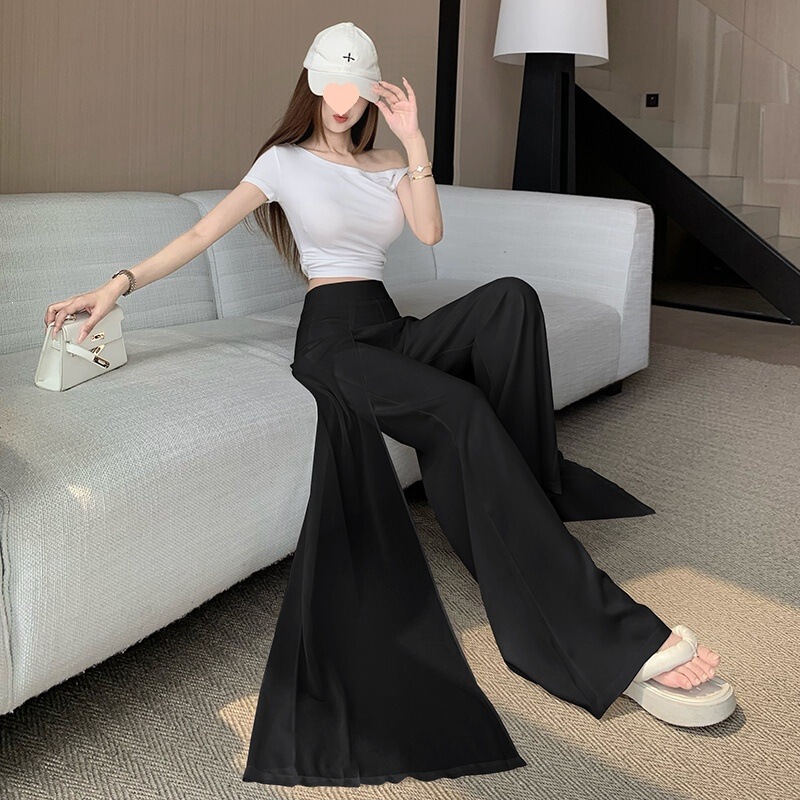 Elegant Floor-Length White Ice Silk Wide-Leg Suit Pants for Women, Summer Thin Style with Drapey Feel, Chiffon Patchwork Straight-Leg Pants
