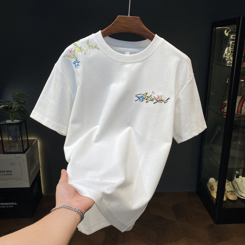 Salt-Style Boyfriend Style White T-Shirt with Colorful Embroidered Floral Vines, Cool and Handsome Men's Summer Forest-Style Fresh and Elegant Short-Sleeve Top Salt-Style Boyfriend Style White T-Shirt with Colorful Embroidered Floral Vines, Cool and Handsome Men's Summer Forest-Style Fresh and Elegant Short-Sleeve Top