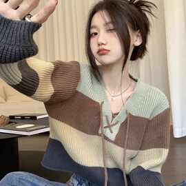 小众设计感条纹撞色慵懒风针织毛衣女秋冬2024V领宽松短款长袖