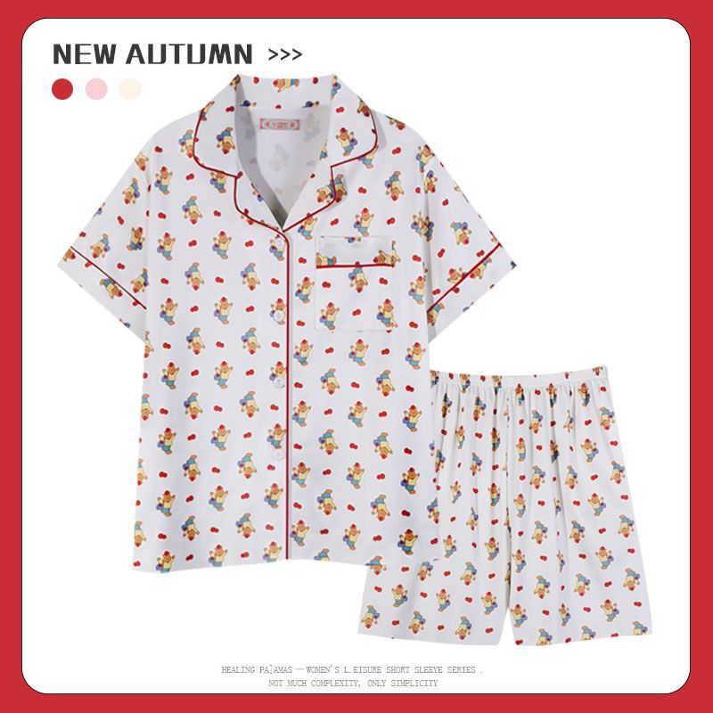 Venta al por mayor transfronteriza 180g pijamas de algodón de imitación mujeres rebeca de verano de manga corta traje de ropa de casa de dibujos animados lindo