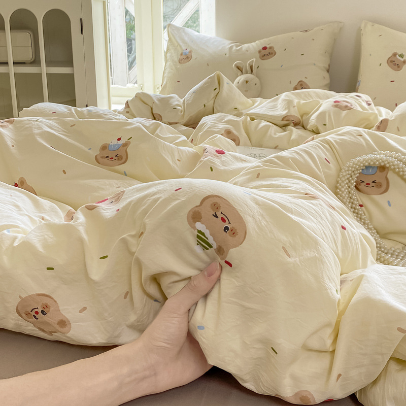 Class a Maternal and Infant-Grade Wrinkled Cotton Four-Piece Bedding Set, Bed Sheet, Duvet Cover, Single Student Dormitory Pure Cotton Three-Piece Set~