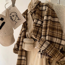 大码女装复古咖色磨毛格子衬衫2025秋冬新款百搭慵懒长袖衬衣外套