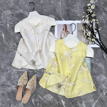 桑蚕丝欧根纱绣花拼金丝麻双面双穿中式马甲精致花朵刺绣无袖上衣