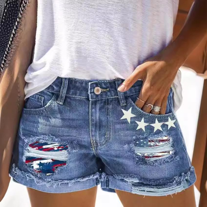 Cross-border popular European and American Foreign trade printed patch ripped flanging Denim shorts for women