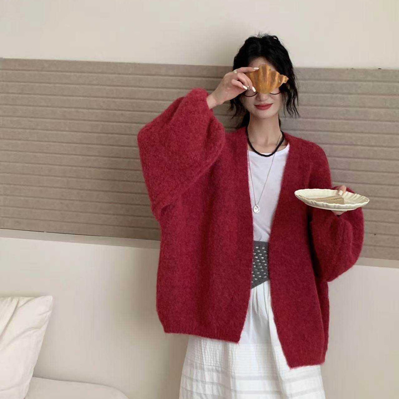 羊驼绒针织开衫 2025秋季新款 慵懒风V领纯色毛衣女外套上衣2511|undefined