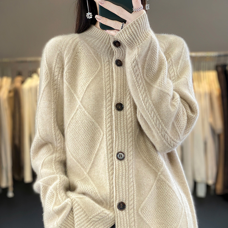 Autumn and Winter New 100% Pure Wool Cardigan Women's Half-turtleneck Rhombic Knit Sweater Loose Wool Base Shirt Jacket
